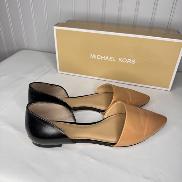 Michael Kors Sz 8M Julieta Flats Black Sun Tan Leather d'Orsay Pointed Shoe - Picture 5 of 9